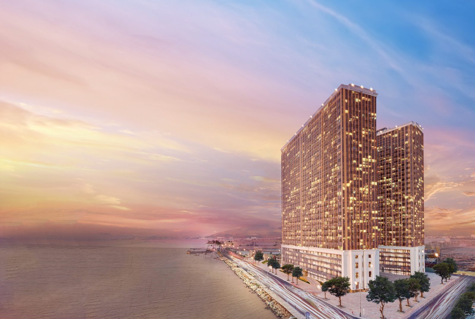أبراج الفندق على نهر هان عند الغروب، Wyndham Danang Golden Bay